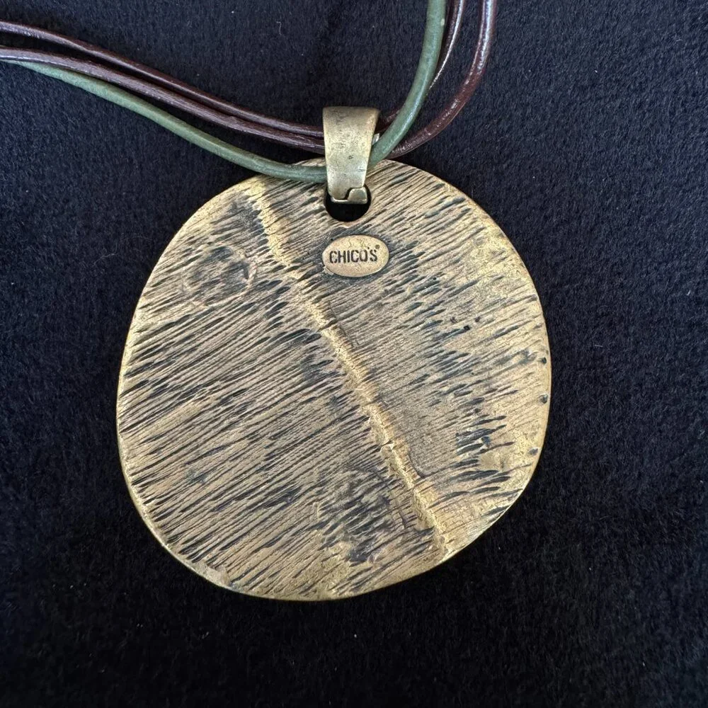 Medallion Gold Tone Olive Burgundy Pendant Enamel Leather Cord + Stud Earrings - Picture 11 of 12